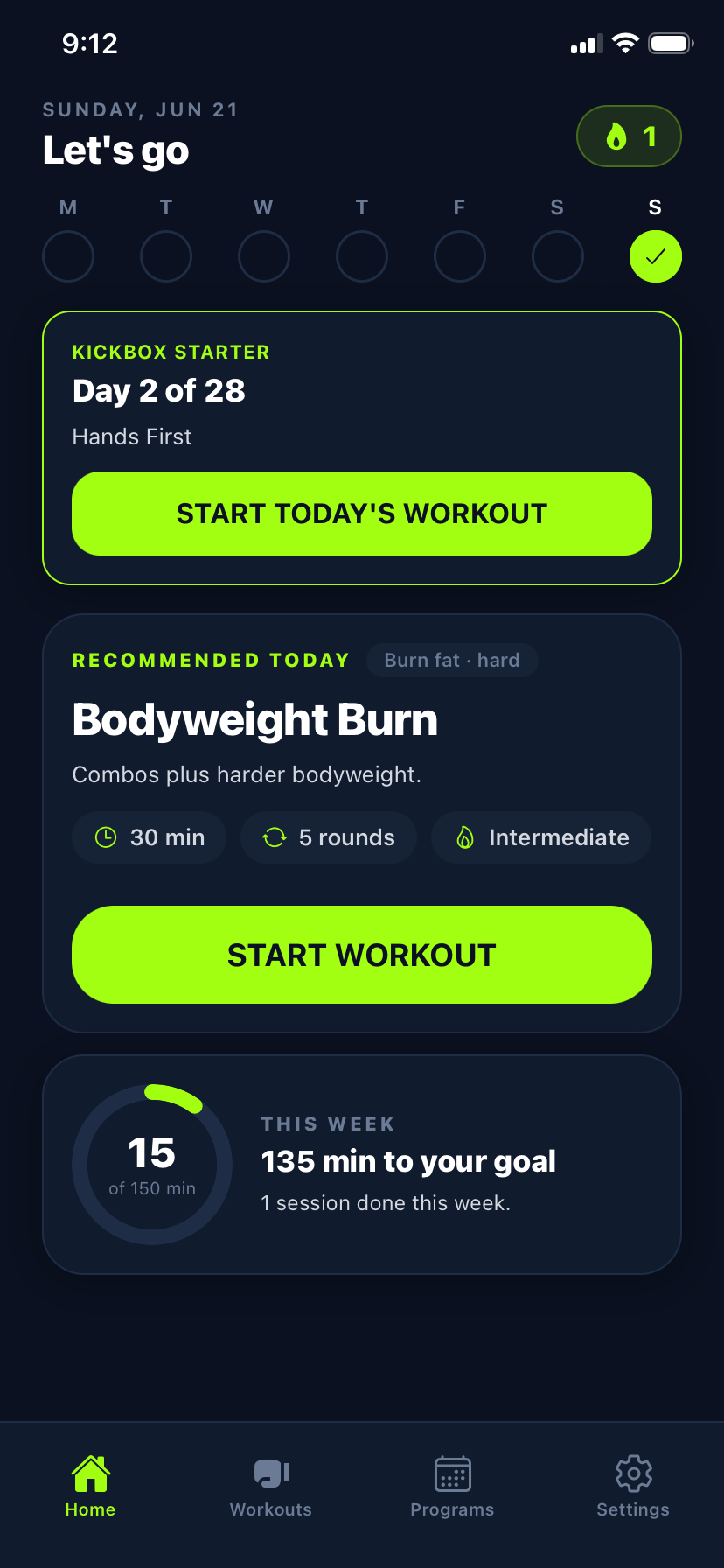 Home screen showing a program day and a weekly minutes goal ring