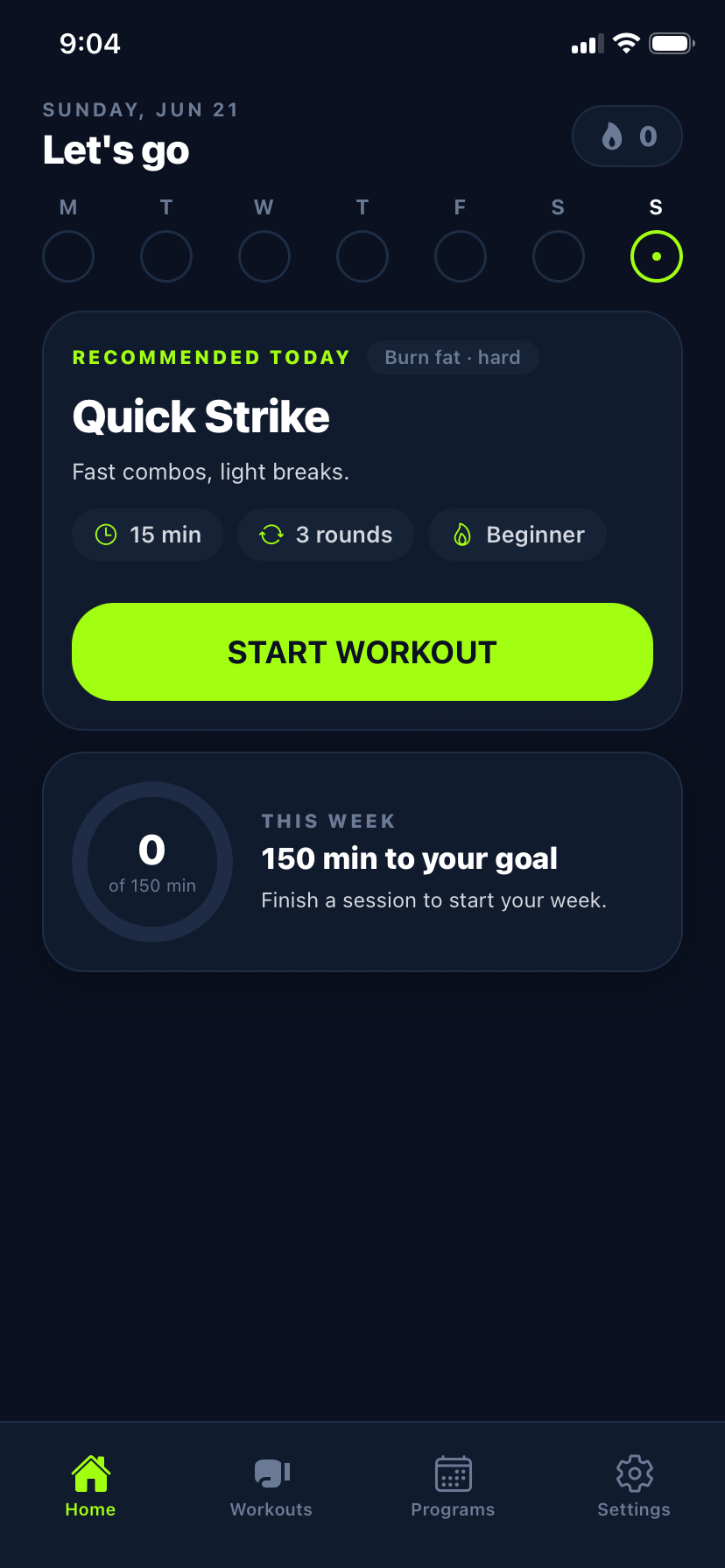 TempoKick home screen showing the recommended workout of the day