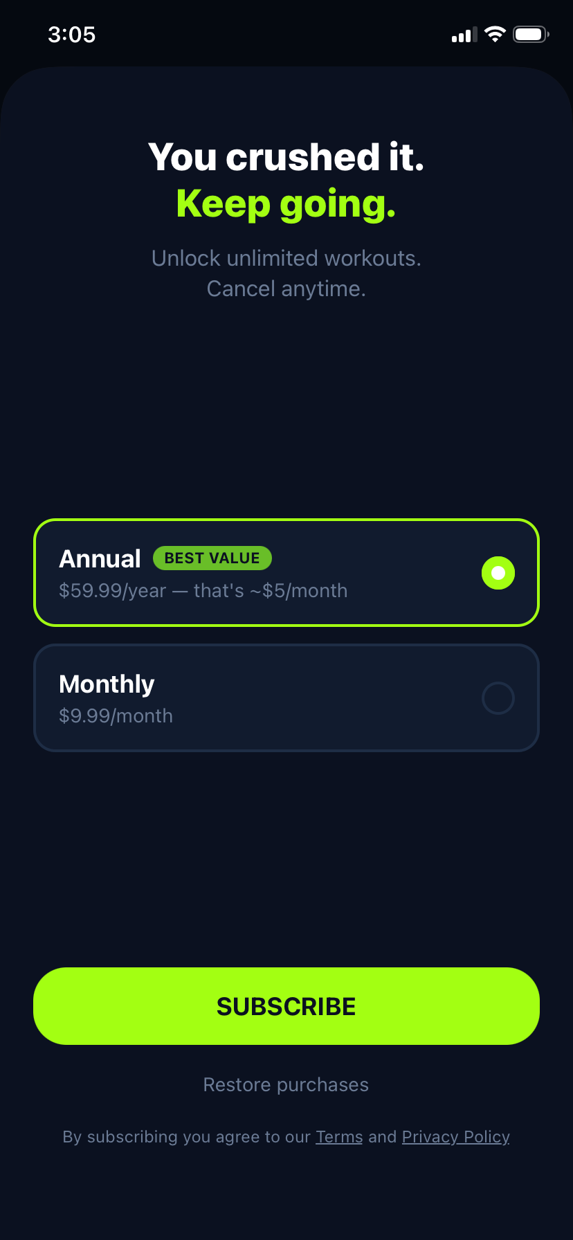 TempoKick subscription screen with annual and monthly plans