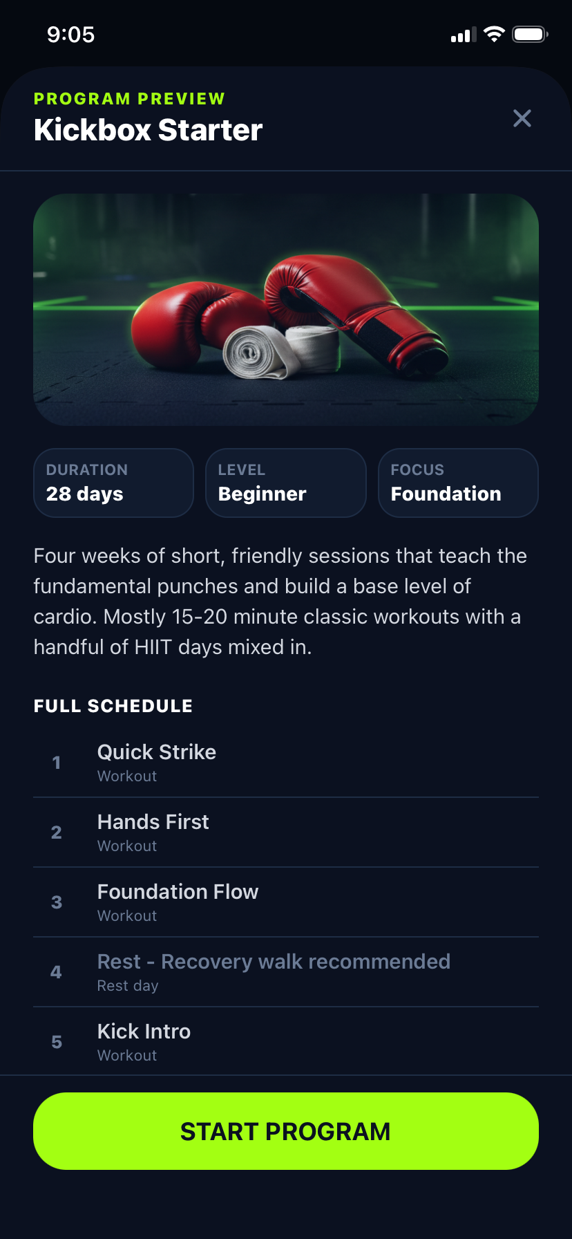 Kickbox Starter program preview with a 28-day schedule