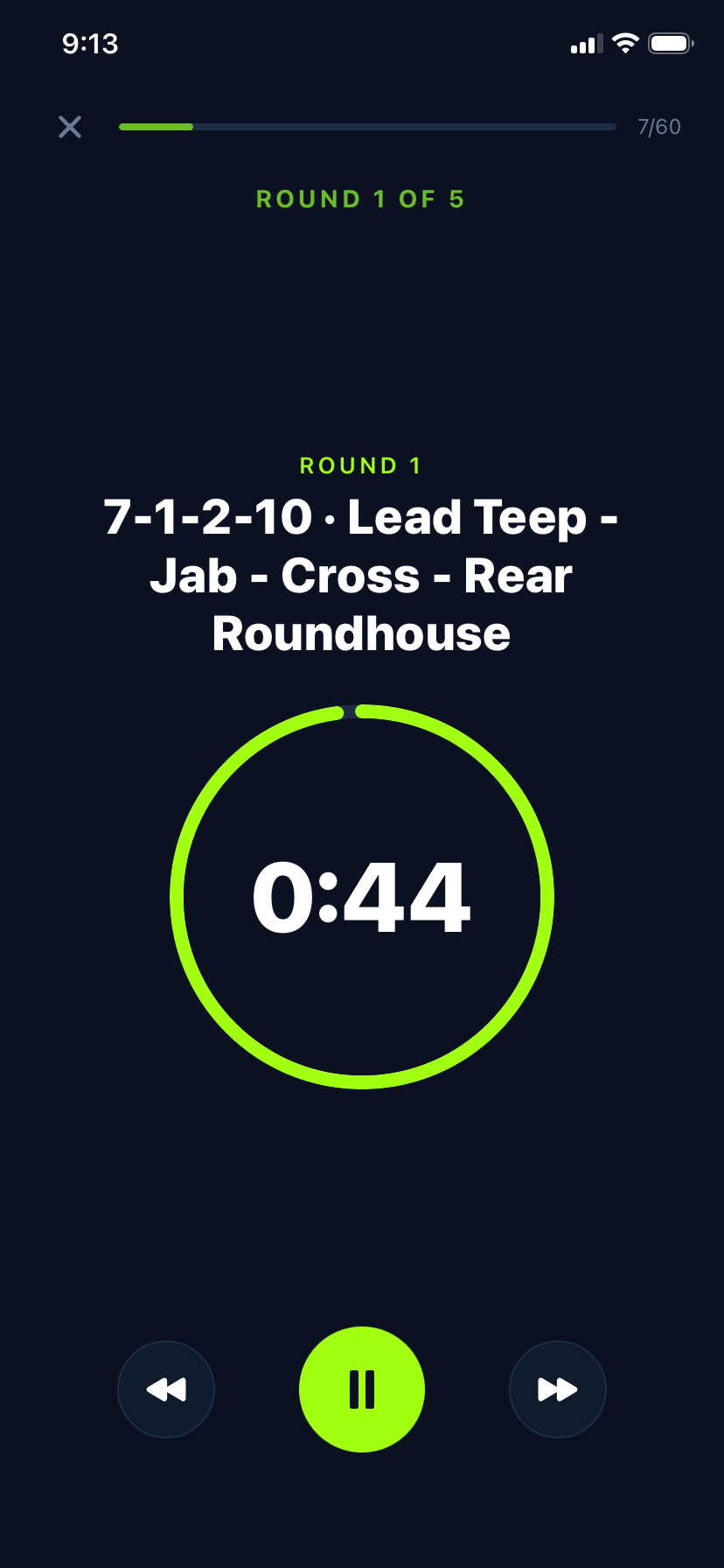 Full-screen workout timer calling out the 7-1-2-10 combo