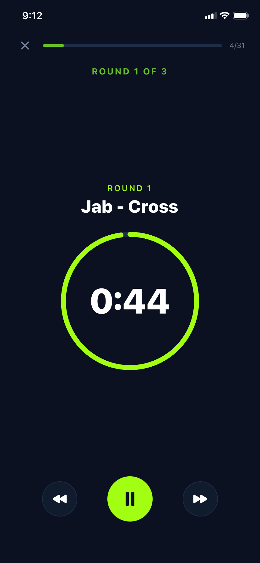 Workout screen calling Jab - Cross during round one